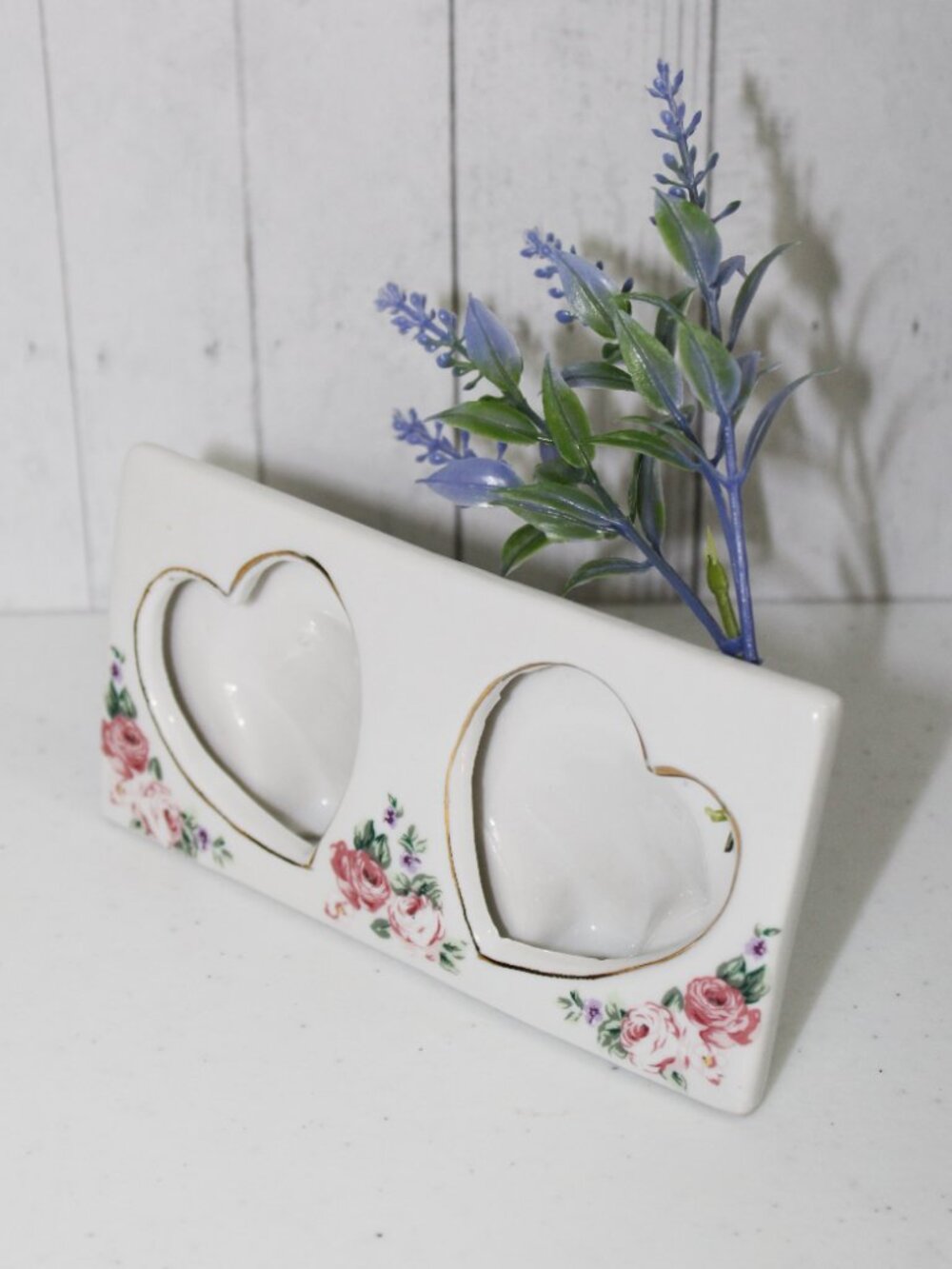 Vintage Double Heart Ceramic Picture Frame Small Roses White Gold Trim